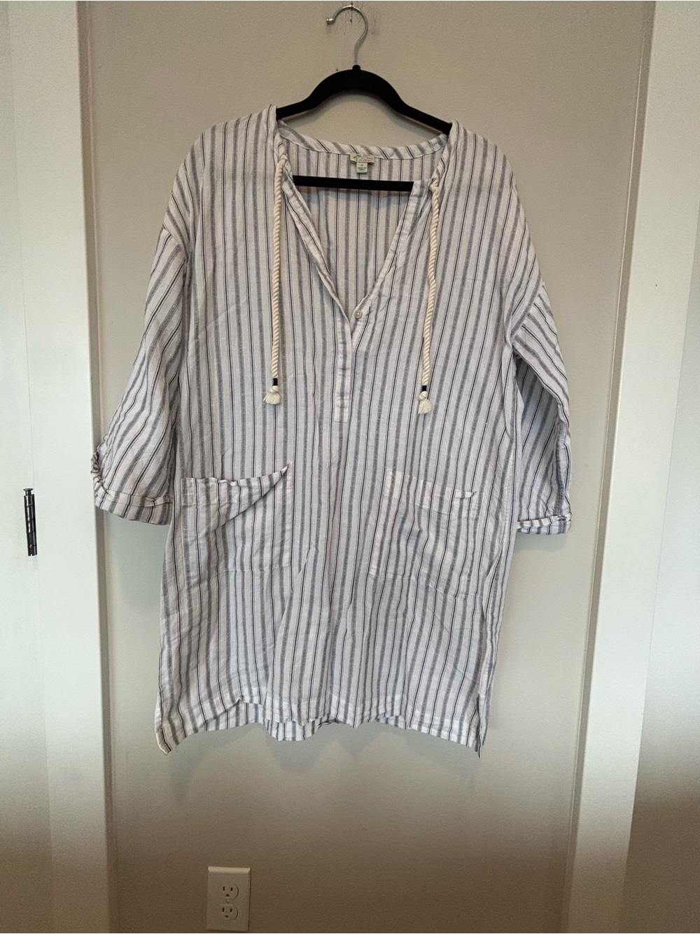 J. Crew White Tunic with Navy Pinstripes